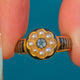 Fine 18ct Gold Carved Agate Forget-Me-Not Flower, Black Enamel, Natural Pearl Mourning Ring